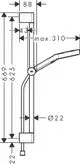 Schematische Darstellung eines Hansgrohe Brause-Set mit messbaren Abmessungen für Höhen- und Durchmesserangaben, einschließlich Montagepositionen und Halterungen.